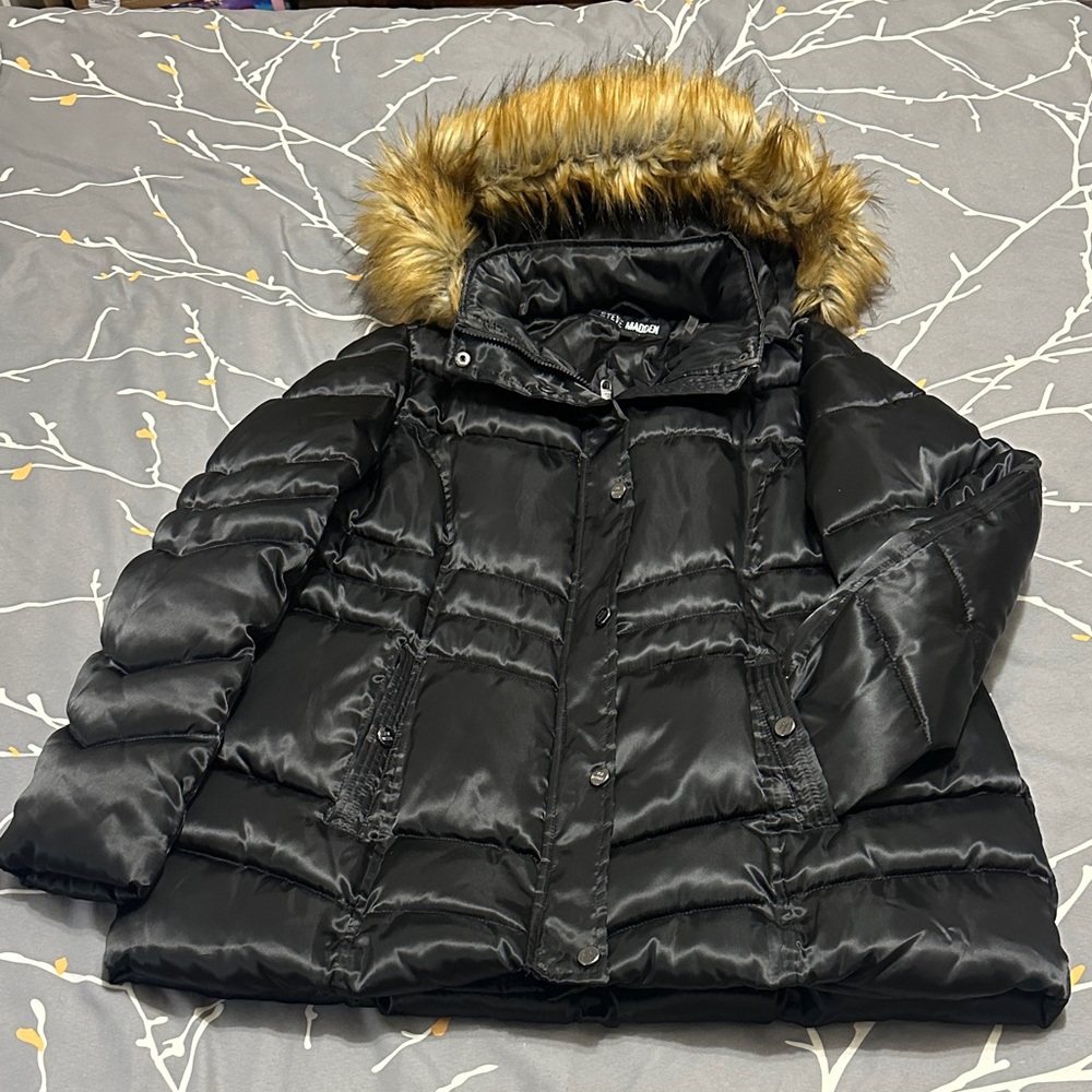 Steve Madden Black Puffer Jacket with Faux Fur Hood